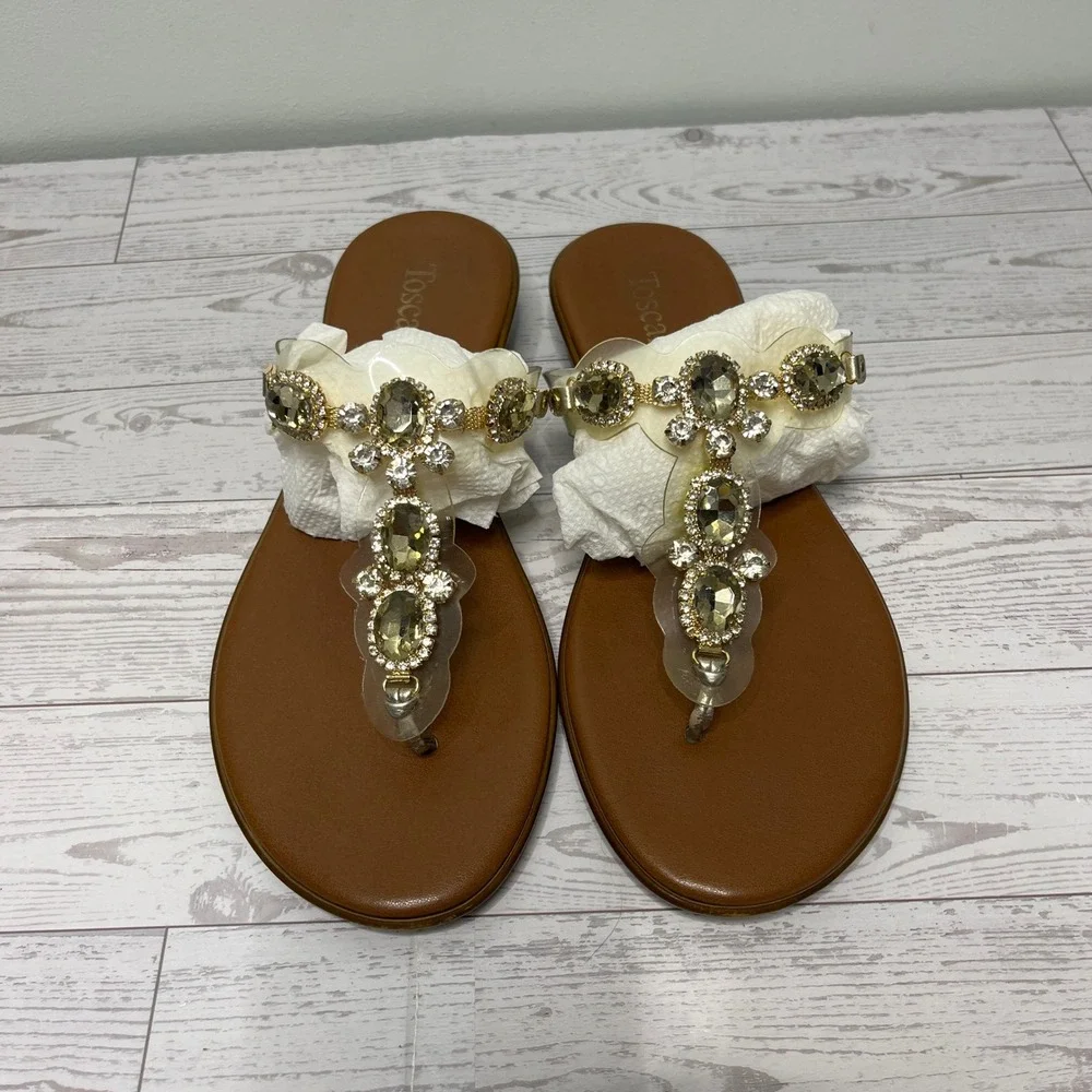 Toscanella Womens Brown Crystal Embellished Clear T-Strap Flat Sandals Size 8